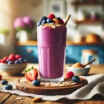 cene-of-a-tall-glass-of-Almond-Berry-Oatmeal-Smoothie-served-on-a-wooden-table.-The-smoothie-is-vibrant-purple-garnished