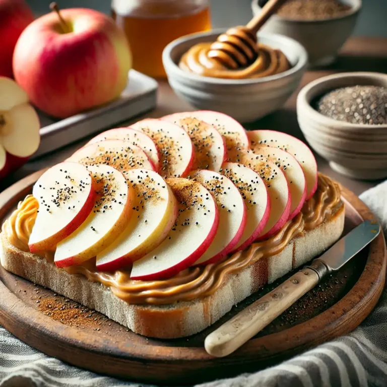 beautifully-styled-Peanut-Butter-Apple-Chia-Toast-served-on-a-rustic-wooden-plate.-The-toast-is-topped-with-creamy-peanut-butter-thin-apple-slices-