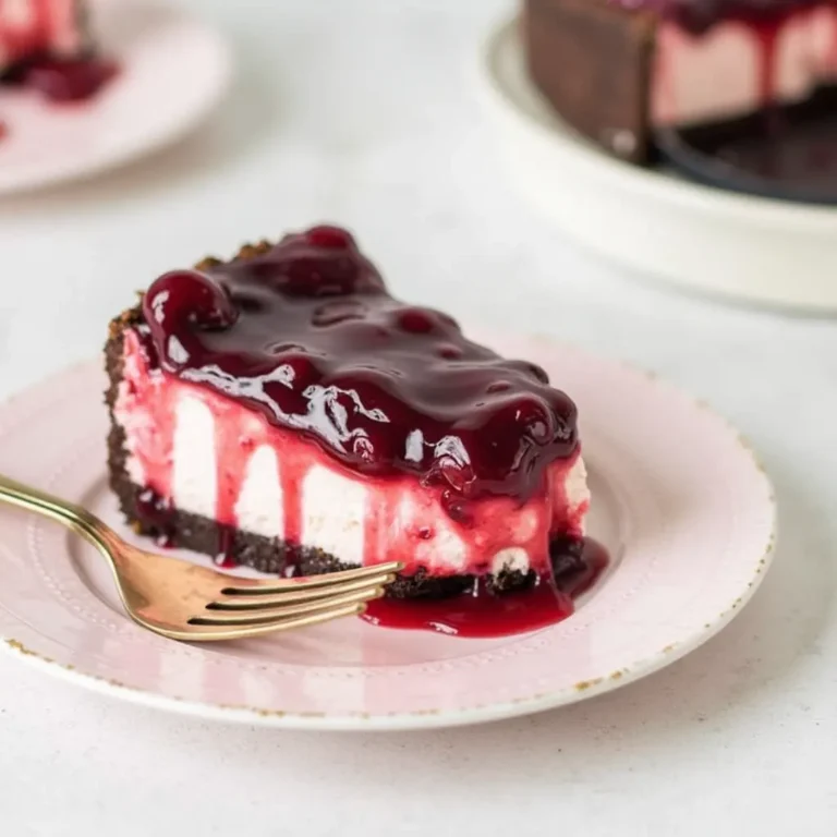 Creamy no-bake cheesecake topped with glossy cherry topping and fresh cherries